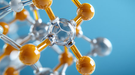 A close up of a molecule with a yellow and silver center. The molecule is surrounded by many other molecules, some of which are also yellow and silver. Concept of complexity and interconnectednessの素材