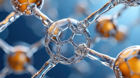 A close up of a complex molecular structure with a soccer ball in the center. The soccer ball is surrounded by many other spheres, each one representing a different element or moleculeの素材