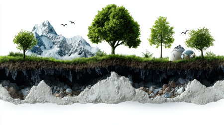 A mountain range is in the background with a tree in the foreground. The tree is surrounded by rocks and the ground is covered in dirt. Concept of ruggedness and natural beautyの素材