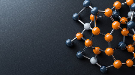 A model of a molecule is shown on a black background. The molecule is made up of orange and blue spheresの素材