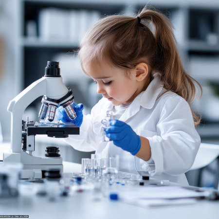 A young girl is looking through a microscope at a small object. She is wearing a white lab coat and blue gloves. Concept of curiosity and scientific explorationの素材