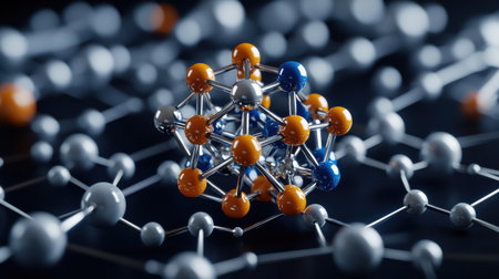 A close up of a cluster of small spheres, some of which are orange and some are blue. The spheres are arranged in a way that they resemble a molecule, with the orangeの素材