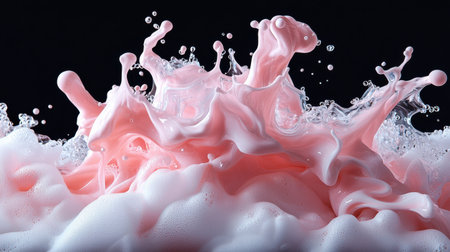 A splash of pink paint is splattered across a black background. The splash is large and covers a significant portion of the image. The pink paint creates a sense of movement and energyの素材