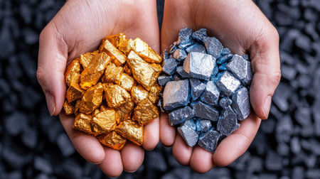 Two hands holding two piles of gold and silver rocks. The gold rocks are larger and more rounded, while the silver rocks are smaller and more angularの素材