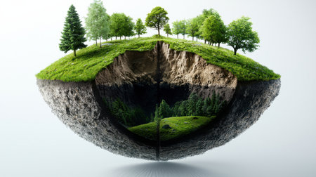 A landscape is shown with a hole in the middle. The hole is surrounded by trees and grass. The image is a representation of the earth's crust and the layers beneath itの素材