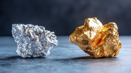 Two rocks, one silver and one gold, are sitting on a table. The silver rock is larger and has a metallic sheen, while the gold rock is smaller and has a more intricate textureの素材