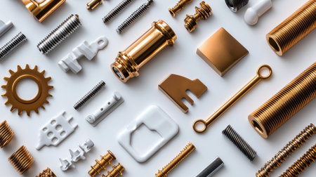 A collection of various metal parts and screws are spread out on a white background. Concept of organization and order, as the different pieces are arranged in a visually appealing mannerの素材