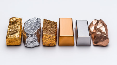 A row of shiny rocks with one of them being gold. The other rocks are silver and bronzeの素材