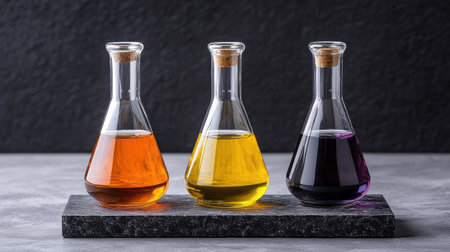 Three glass vials of different colors, one of which is purple. The vials are arranged on a black surfaceの素材