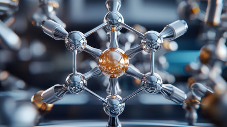 A silver and gold object with a yellow ball in the center. The object is made up of many small pieces that are connected together. Scene is one of complexity and intricacyの素材