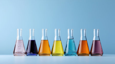 A row of glass beakers filled with different colored liquids. The colors include blue, green, yellow, and red. The beakers are lined up next to each other, creating a visually appealing displayの素材