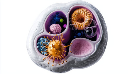 A white background with a colorful, abstract image of a cell. The cell is filled with various shapes and colors, including a large pink blob and a yellow blob. Concept of complexity and diversityの素材