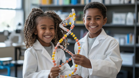 Two children in lab coats holding a DNA model. They are smiling and seem to be enjoying themselvesの素材
