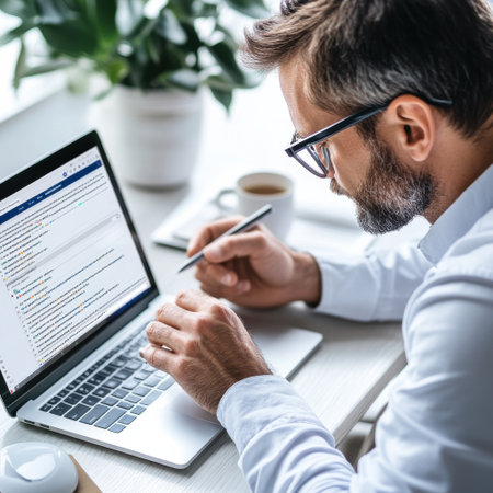 A man is sitting at a desk with a laptop open and a pen in his hand. He is typing on the laptop and he is focused on his work. Concept of productivity and concentrationの素材