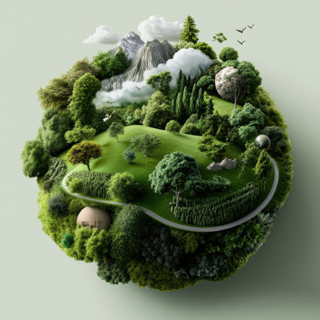 A round landscape with mountains and trees. The trees are green and the sky is cloudy. The landscape is full of life and natureの素材