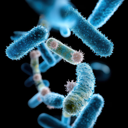 A close up of a bunch of blue and pink bacteria. The bacteria are fuzzy and appear to be movingの素材