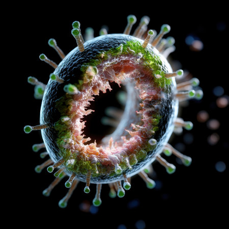 A virus is shown in a close up of its outer shell. The virus is green and red in colorの素材