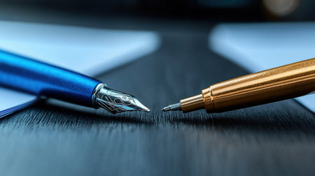 Two pens, one blue and one gold, are sitting on a table. The blue pen is pointing to the gold pen, which is resting on its side. Concept of contrast and tensionの素材