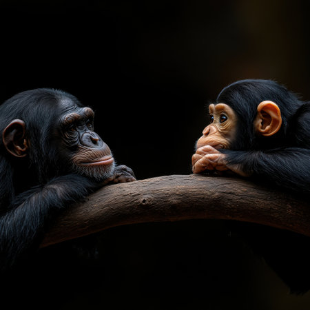 Two baby monkeys are sitting on a branch, one of them looking at the other. Scene is playful and curious, as the monkeys seem to be engaging in a conversation or interaction with each otherの素材
