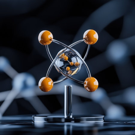 A small orange ball is sitting on a silver base. The ball is surrounded by other small balls, creating a sense of unity and harmony. The image conveys a feeling of balance and stabilityの素材