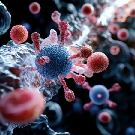 A close up of a virus with red and blue spheres. The virus is surrounded by other spheres, some of which are red and some are blue. Concept of chaos and disorder, as the virusの素材