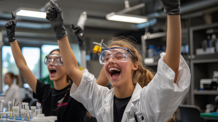Two girls in lab coats are smiling and wearing safety goggles. They are celebrating something. Scene is happy and celebratoryの素材