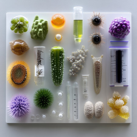 A white board with a variety of items including a cactus, a plant, and a bottle labeled "Lantern."の素材