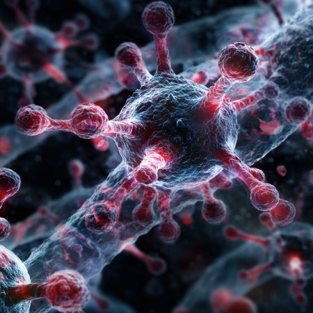 A close up of a virus with red and blue colors. The virus is surrounded by a blue and red backgroundの素材