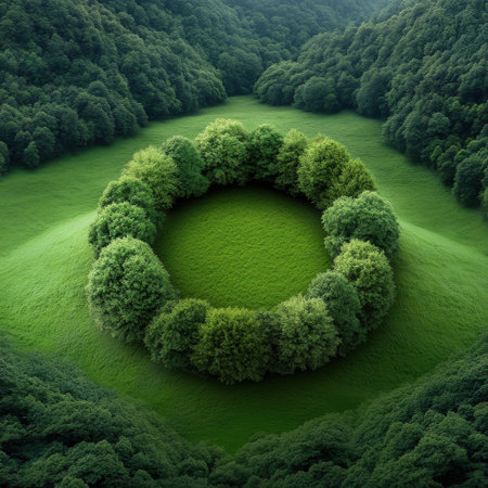 A large circle of trees is surrounded by a green field. The trees are all different sizes and are spread out in a circular pattern. Concept of harmony and balanceの素材