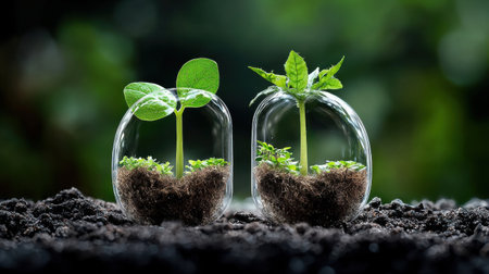 Two small plants are in glass containers, one of which is in a larger container. The plants are surrounded by dirt and appear to be growing. Concept of growth and new beginningsの素材