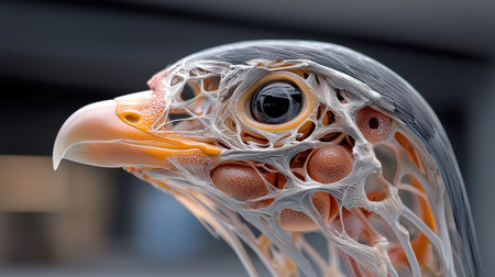 A close up of a bird's head with a skeleton inside. The bird's head is made of a mesh material and the skeleton is visible through the meshの素材