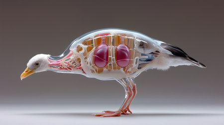 A bird is shown in a glass case with its internal organs visible. The bird is a seagull, and its body is made of glass. The image is a close-up of the bird's anatomyの素材