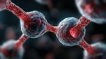 The image is a close up of two red and blue spheres that are connected by a red line. The spheres are surrounded by a blurry background, giving the impression of a microscopic view of cellsの素材