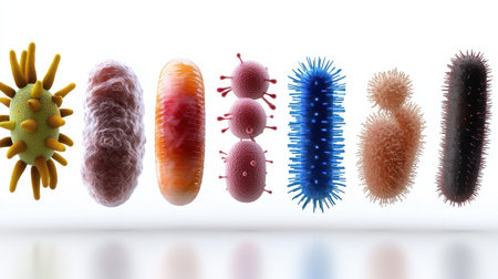 A row of different colored bacteria and viruses. The bacteria and viruses are all different shapes and sizesの素材