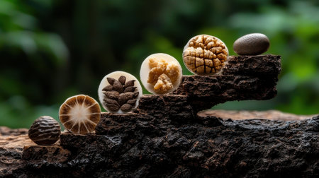 A group of nuts and seeds are arranged on a log. The nuts and seeds are of different shapes and sizes, and they are arranged in a way that creates a sense of progressionの素材