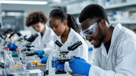 A group of scientists are working in a lab, one of them is wearing a lab coat and blue glovesの素材