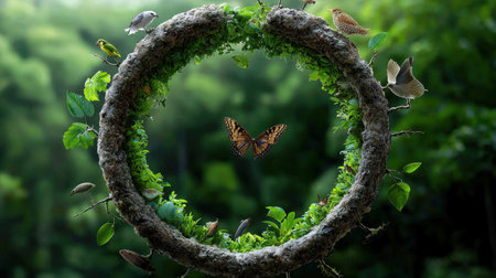 A butterfly is flying in a circle of green leaves. The butterfly is surrounded by other insects and birds. The image has a peaceful and calming mood, as it depicts the beauty of natureの素材