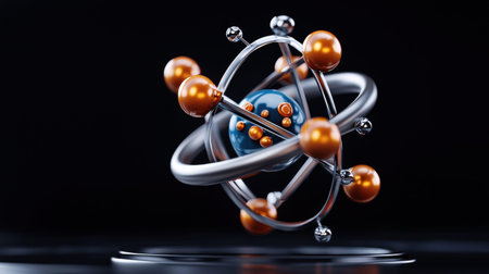 A sphere with a blue center and orange balls surrounding it. The sphere is suspended in midairの素材