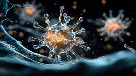 A computer generated image of a virus with a glowing orange center. The virus is surrounded by a blue backgroundの素材