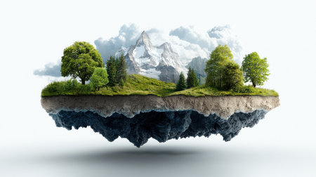 A mountain range is shown in the background of a landscape with trees and a body of water. Concept of tranquility and natural beautyの素材