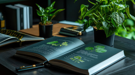 A book is open to a page with a plant illustration. The book is on a table with a potted plant next to itの素材