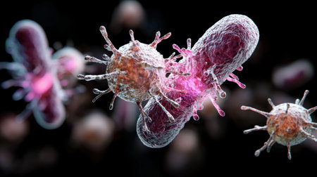 A close up of a virus with a pinkish hue. The virus is surrounded by other viruses, creating a sense of chaos and dangerの素材