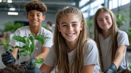 Three young people are smiling and holding plants. They are wearing white shirts and black gloves. Scene is happy and positiveの素材