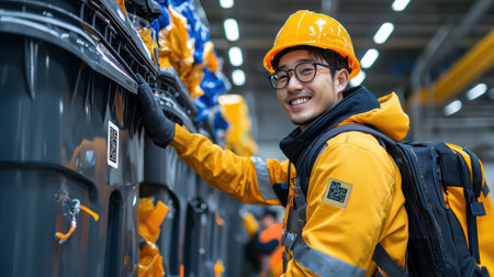 A man in a yellow jacket is smiling and leaning on a trash can. He is wearing a hard hat and a backpackの素材