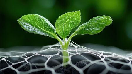 A small plant is growing in a mesh of some sort. The plant is green and he is a seedlingの素材