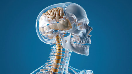 A skull with a brain inside of it. The skull is clear and the brain is white. The skull is on a blue backgroundの素材
