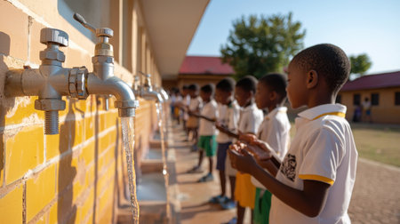 A group of children are washing their hands at a water fountain. The scene is lively and playful, with the children enjoying their time togetherの素材