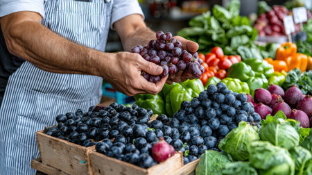 A man is holding grapes in his hand while standing in front of a table full of vegetables. The table is filled with a variety of fruits and vegetables, including broccoli, peppers, and tomatoesの素材