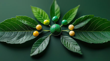 A green leaf with a green and yellow ball on it. The leaf is surrounded by other green and yellow ballsの素材