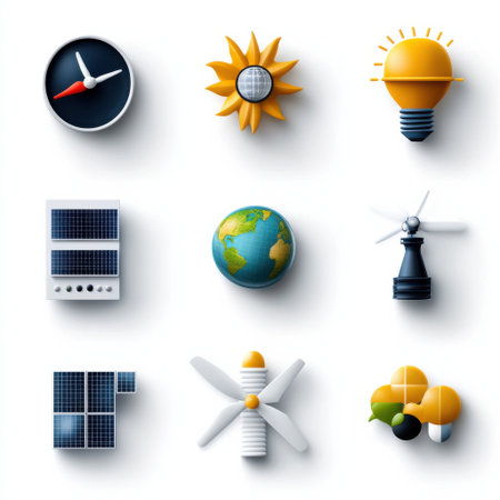 A collection of icons for various energy sources, including solar, wind, and hydroelectric power. The icons are arranged in a grid, with some overlapping and others standing aloneの素材